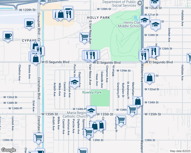 map of restaurants, bars, coffee shops, grocery stores, and more near 13007 Haas Avenue in Gardena