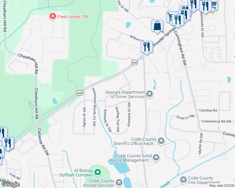 map of restaurants, bars, coffee shops, grocery stores, and more near 1834 Kimberly Drive Southwest in Marietta