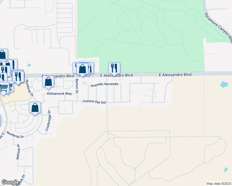 map of restaurants, bars, coffee shops, grocery stores, and more near 14150 Loma Sola in Riverside