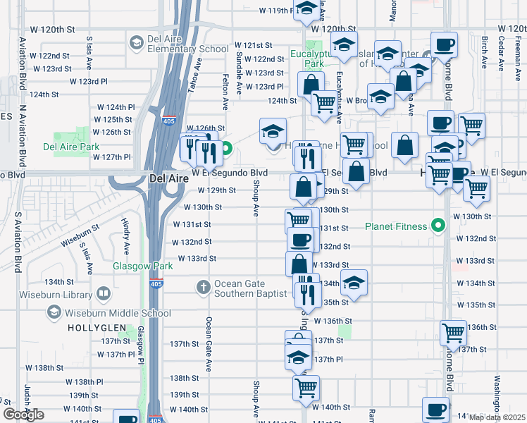 map of restaurants, bars, coffee shops, grocery stores, and more near 4870 West 130th Street in Hawthorne
