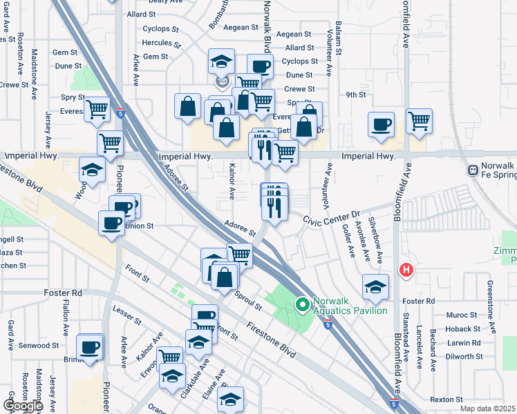 map of restaurants, bars, coffee shops, grocery stores, and more near 12727 Norwalk Boulevard in Norwalk