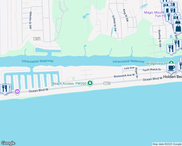 map of restaurants, bars, coffee shops, grocery stores, and more near 298 Sand Piper Lane in Holden Beach