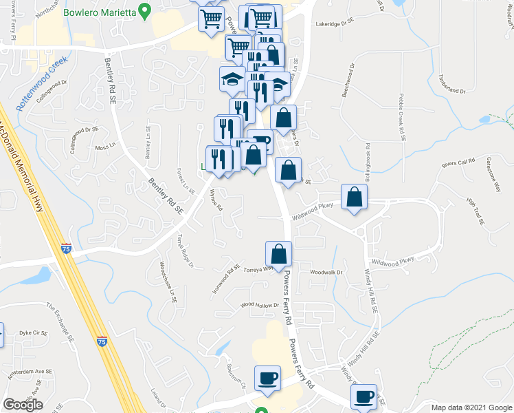 map of restaurants, bars, coffee shops, grocery stores, and more near 1524 Powers Ferry Road in Marietta