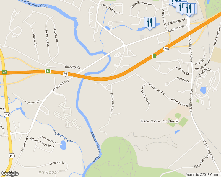 map of restaurants, bars, coffee shops, grocery stores, and more near 100 Dan's Way in Athens