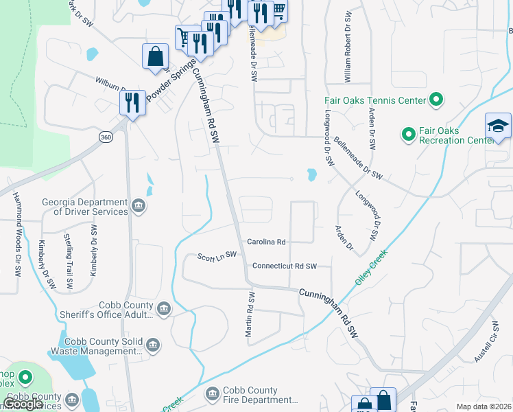 map of restaurants, bars, coffee shops, grocery stores, and more near 736 Evelyn Ln in Marietta