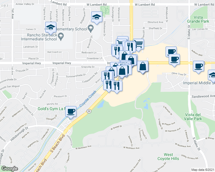 map of restaurants, bars, coffee shops, grocery stores, and more near 1351 South Beach Boulevard in La Habra