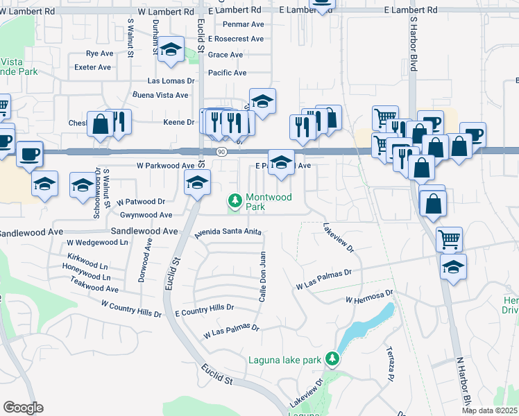 map of restaurants, bars, coffee shops, grocery stores, and more near 1371 Ironwood Street in La Habra