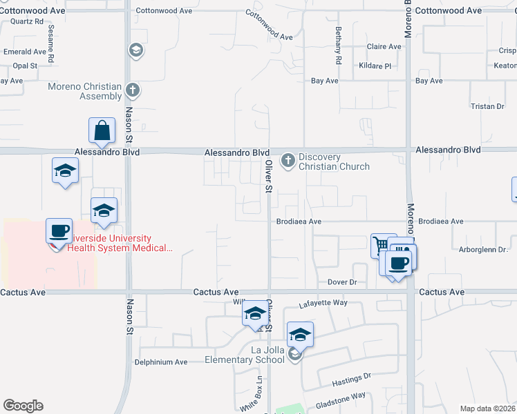 map of restaurants, bars, coffee shops, grocery stores, and more near 14167 Pandora Street in Moreno Valley