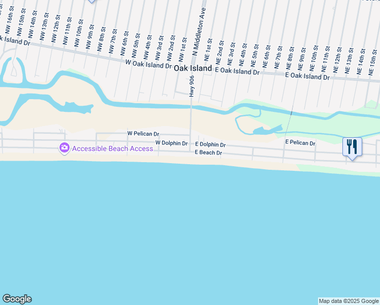 map of restaurants, bars, coffee shops, grocery stores, and more near 200-302 East Dolphin Drive in Oak Island