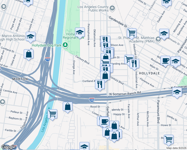 map of restaurants, bars, coffee shops, grocery stores, and more near 7356 Walnut Avenue in Paramount
