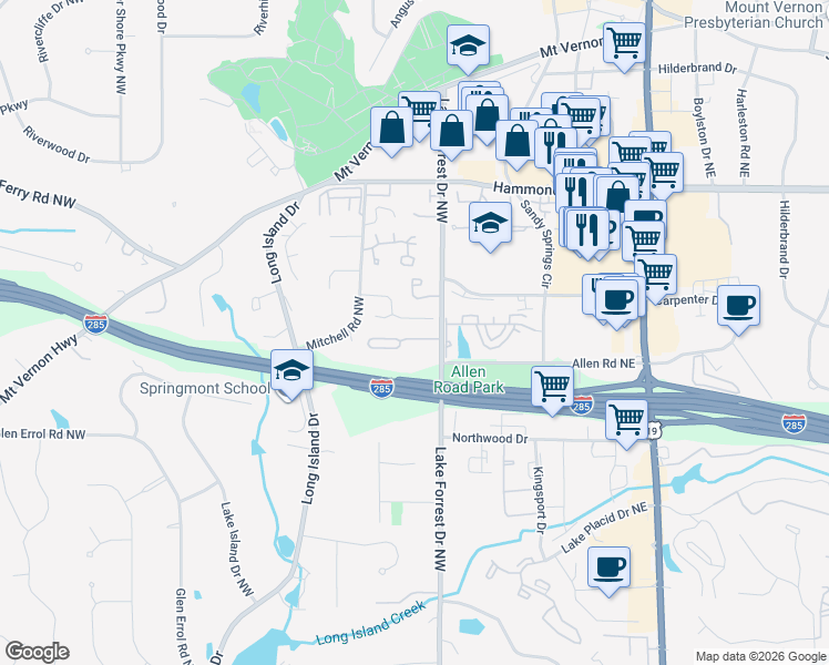 map of restaurants, bars, coffee shops, grocery stores, and more near 190 Grosvenor Place Northwest in Atlanta