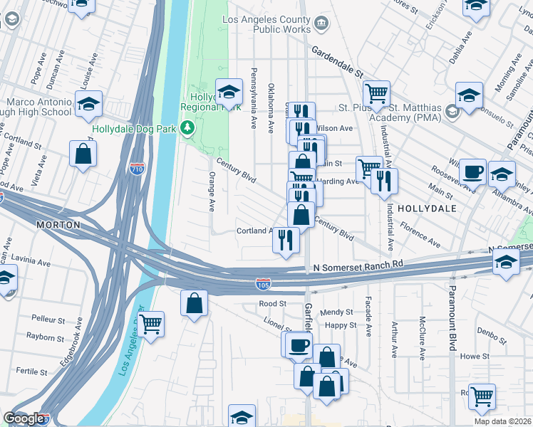 map of restaurants, bars, coffee shops, grocery stores, and more near 7356 Walnut Avenue in Paramount