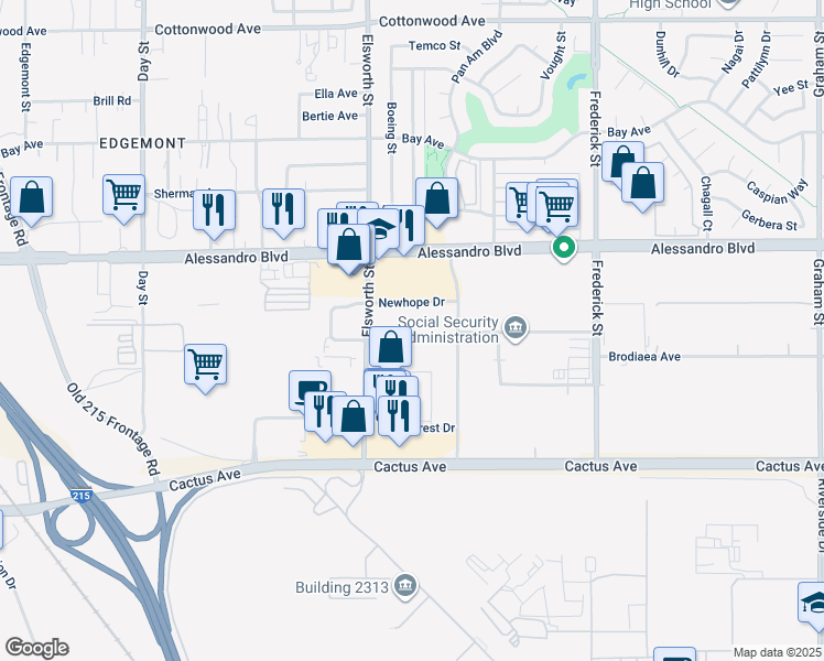map of restaurants, bars, coffee shops, grocery stores, and more near Newhope Drive in Moreno Valley