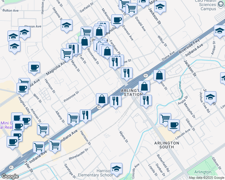map of restaurants, bars, coffee shops, grocery stores, and more near Hannah Way in Riverside