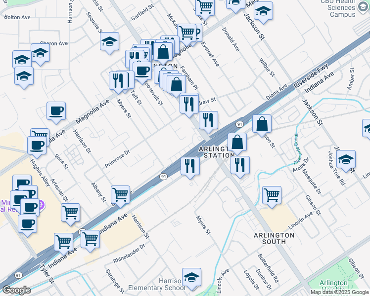 map of restaurants, bars, coffee shops, grocery stores, and more near Hannah Way in Riverside