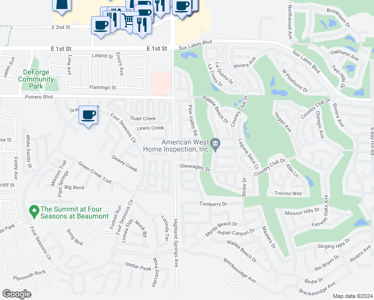 map of restaurants, bars, coffee shops, grocery stores, and more near 1281 Green Island Street in Banning