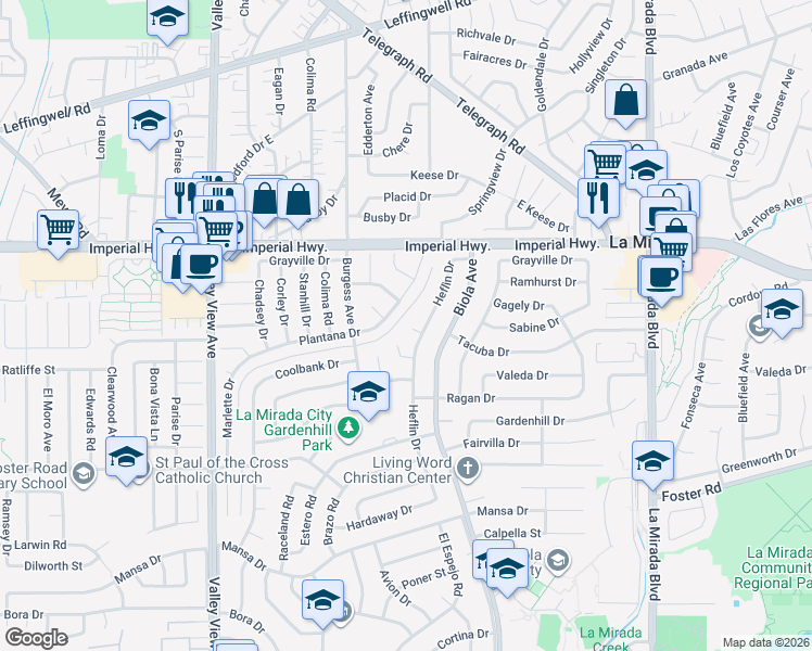 map of restaurants, bars, coffee shops, grocery stores, and more near 14502 Sabine Drive in La Mirada