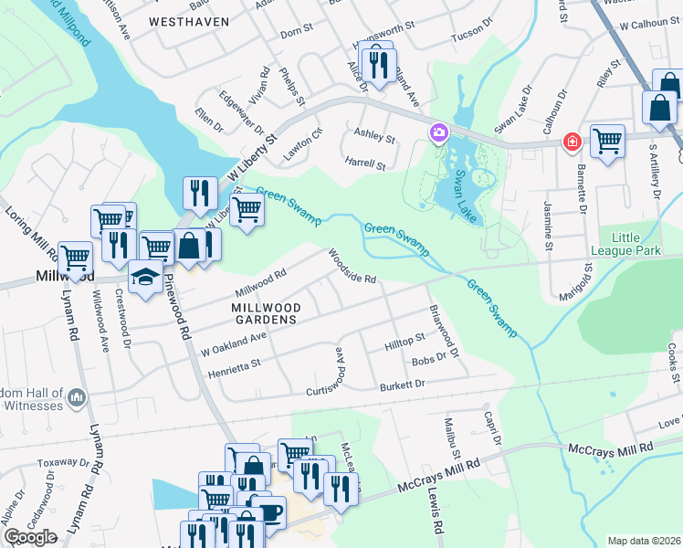 map of restaurants, bars, coffee shops, grocery stores, and more near 6 Woodside Rd in Sumter
