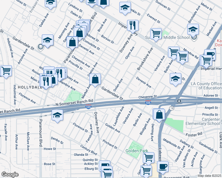 map of restaurants, bars, coffee shops, grocery stores, and more near 8326 Cheyenne Street in Downey