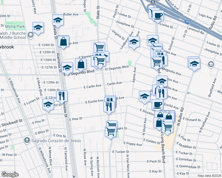 map of restaurants, bars, coffee shops, grocery stores, and more near 3118 Carlin Avenue in Lynwood