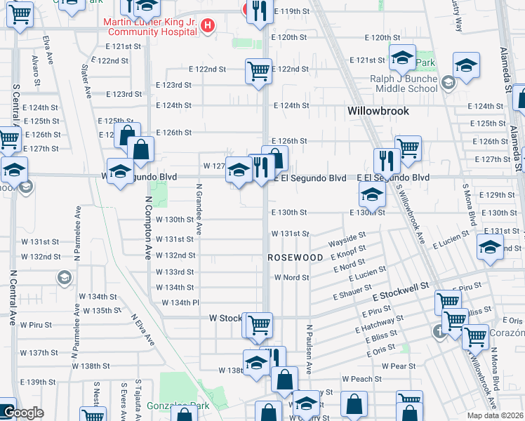 map of restaurants, bars, coffee shops, grocery stores, and more near 2500 North Wilmington Avenue in Compton