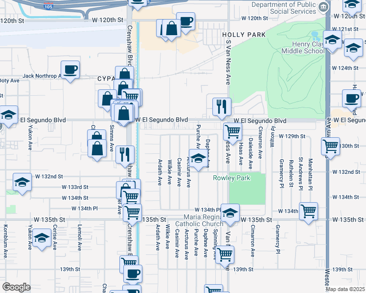 map of restaurants, bars, coffee shops, grocery stores, and more near 12915 Arcturus Avenue in Gardena