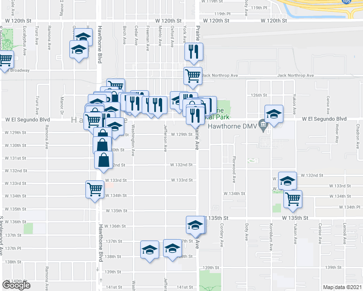 map of restaurants, bars, coffee shops, grocery stores, and more near 4055 West 129th Street in Hawthorne