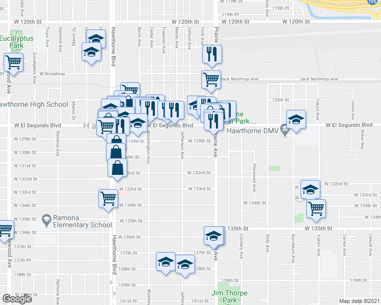 map of restaurants, bars, coffee shops, grocery stores, and more near 4055 West 129th Street in Hawthorne