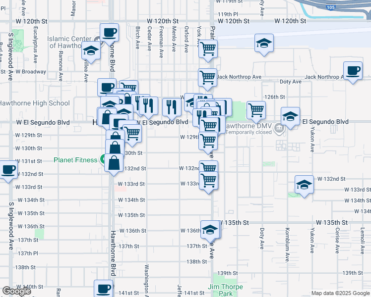 map of restaurants, bars, coffee shops, grocery stores, and more near 4055 West 129th Street in Hawthorne