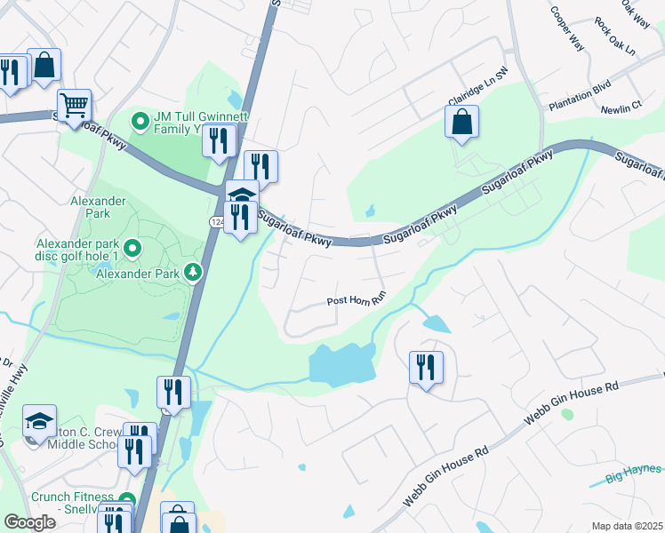 map of restaurants, bars, coffee shops, grocery stores, and more near 1425 Bridle Path Drive in Lawrenceville