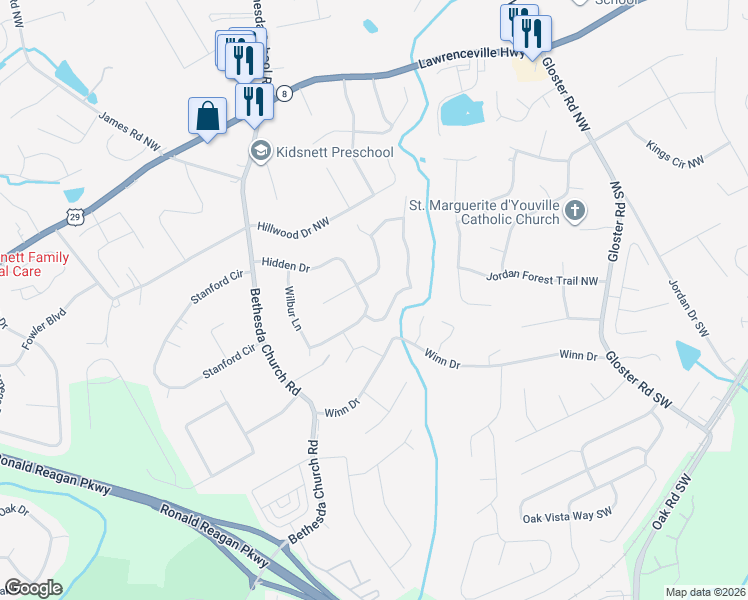 map of restaurants, bars, coffee shops, grocery stores, and more near 2975 Hidden Drive in Lawrenceville