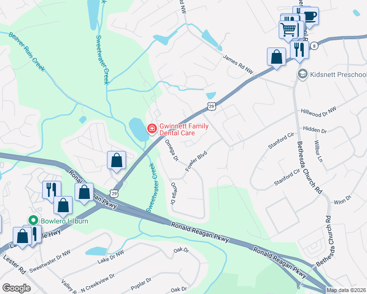map of restaurants, bars, coffee shops, grocery stores, and more near 3457 Dianthus Lane Northwest in Lawrenceville