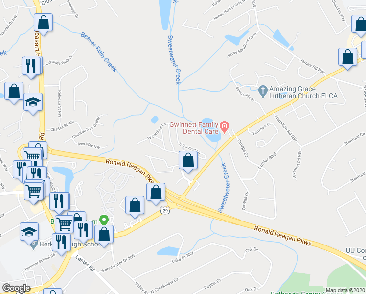 map of restaurants, bars, coffee shops, grocery stores, and more near 31 East Cardinal Lane in Lawrenceville