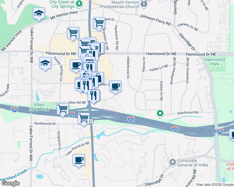 map of restaurants, bars, coffee shops, grocery stores, and more near 331 Carpenter Drive Northeast in Atlanta