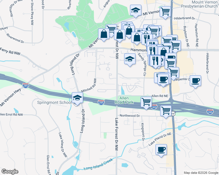 map of restaurants, bars, coffee shops, grocery stores, and more near 190 Grosvenor Place Northwest in Atlanta