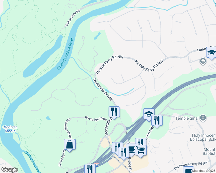map of restaurants, bars, coffee shops, grocery stores, and more near 120 Cameron Glen Drive Northwest in Atlanta