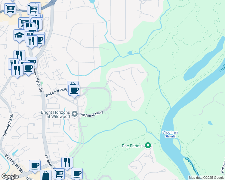 map of restaurants, bars, coffee shops, grocery stores, and more near 705 Abbington River Lane in Atlanta