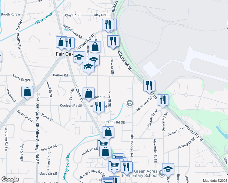 map of restaurants, bars, coffee shops, grocery stores, and more near 1562 Pine Street Southeast in Marietta