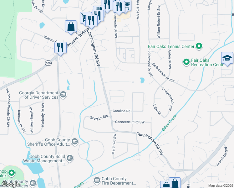 map of restaurants, bars, coffee shops, grocery stores, and more near 736 Evelyn Lane in Marietta