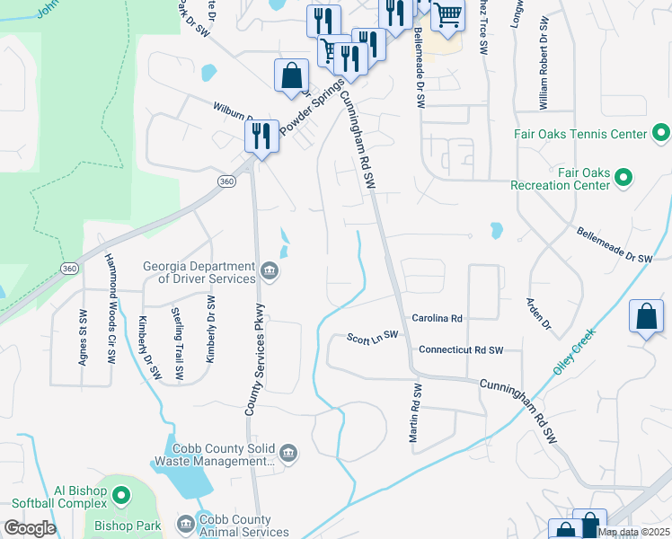map of restaurants, bars, coffee shops, grocery stores, and more near 1414 Westward Drive Southwest in Marietta