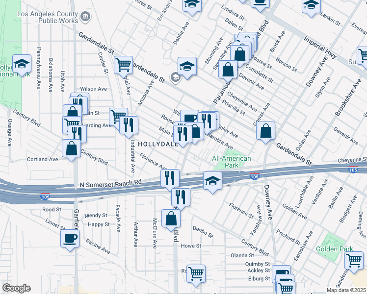 map of restaurants, bars, coffee shops, grocery stores, and more near 6159 Main Street in South Gate