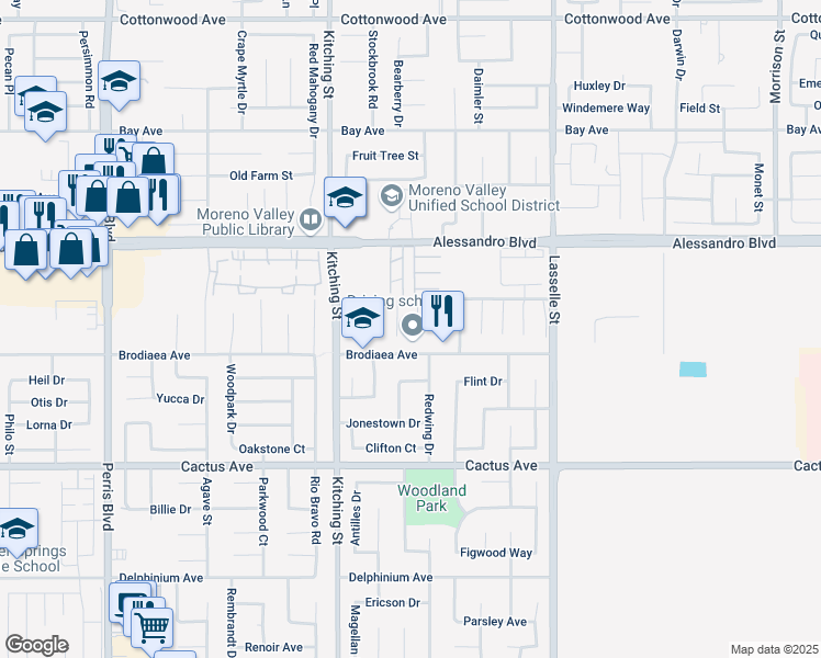 map of restaurants, bars, coffee shops, grocery stores, and more near 14197 Port Royal Place in Moreno Valley