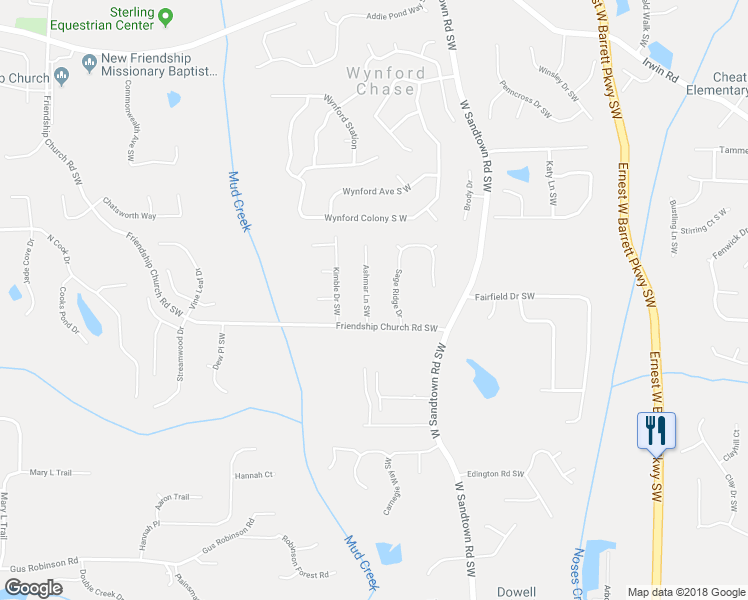 map of restaurants, bars, coffee shops, grocery stores, and more near 1642 Ashmar Lane Southwest in Marietta