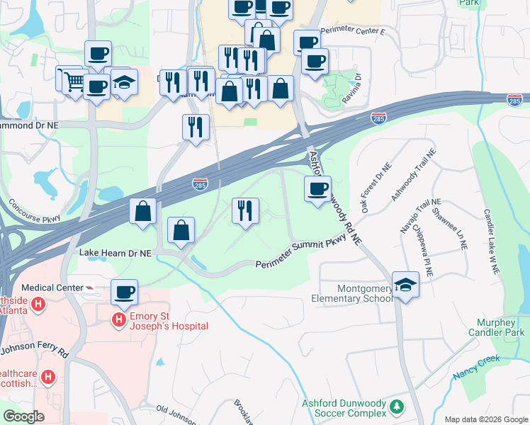 map of restaurants, bars, coffee shops, grocery stores, and more near 10 Perimeter Summit Pkwy in Atlanta
