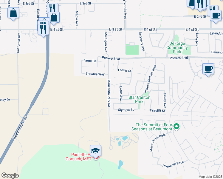 map of restaurants, bars, coffee shops, grocery stores, and more near 179 Loma Street in Beaumont
