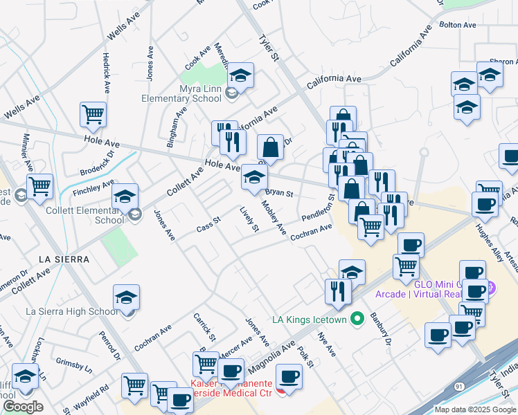 map of restaurants, bars, coffee shops, grocery stores, and more near 4164 Mobley Avenue in Riverside