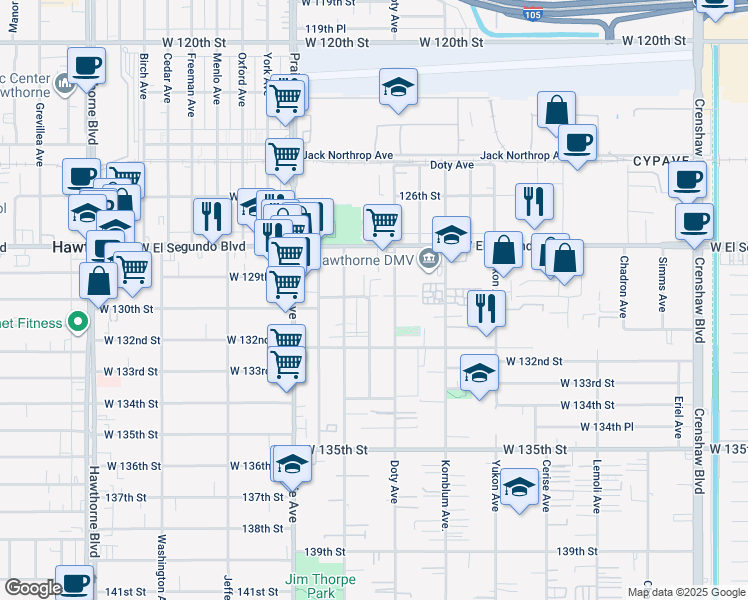 map of restaurants, bars, coffee shops, grocery stores, and more near 13006 Florwood Avenue in Hawthorne