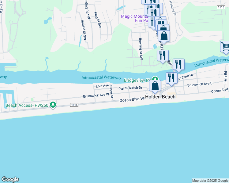 map of restaurants, bars, coffee shops, grocery stores, and more near 198 Brunswick Avenue West in Holden Beach
