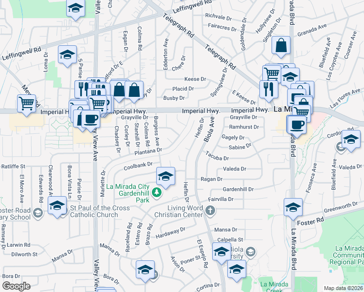 map of restaurants, bars, coffee shops, grocery stores, and more near 14502 Sabine Drive in La Mirada