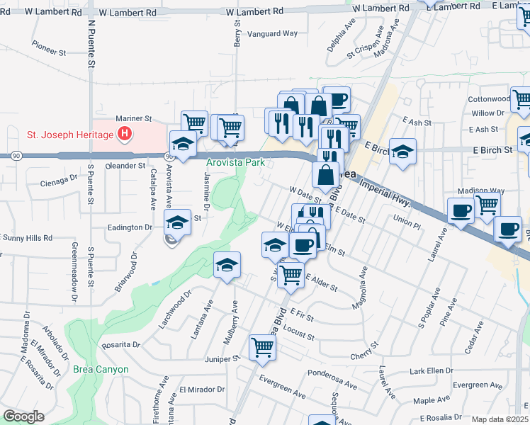 map of restaurants, bars, coffee shops, grocery stores, and more near 442 Sievers Avenue in Brea